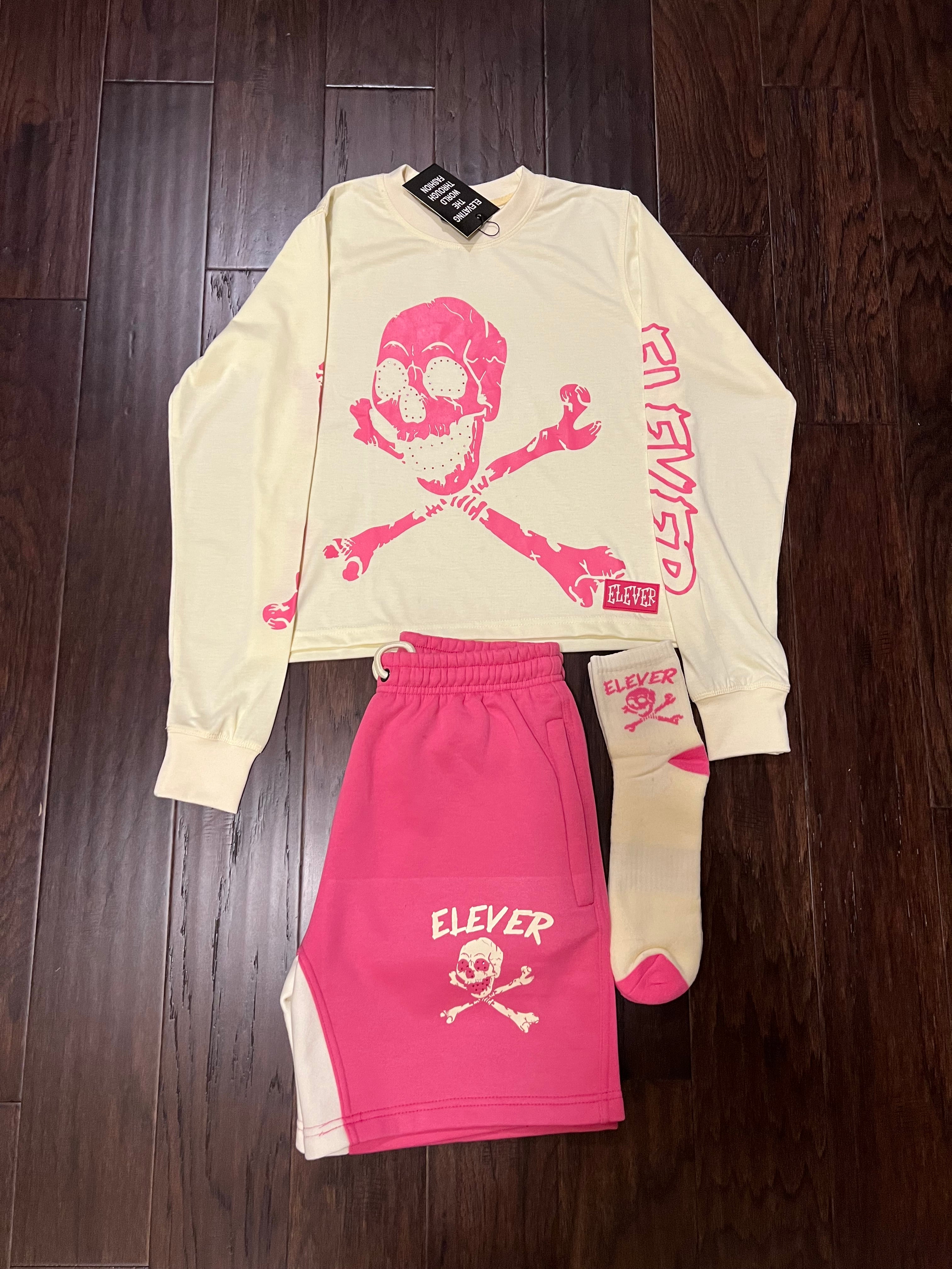 ELEVER Women’s Skull & Bones Short Set – Pink & Cream