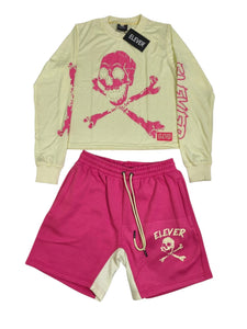 ELEVER Women’s Skull & Bones Short Set – Pink & Cream